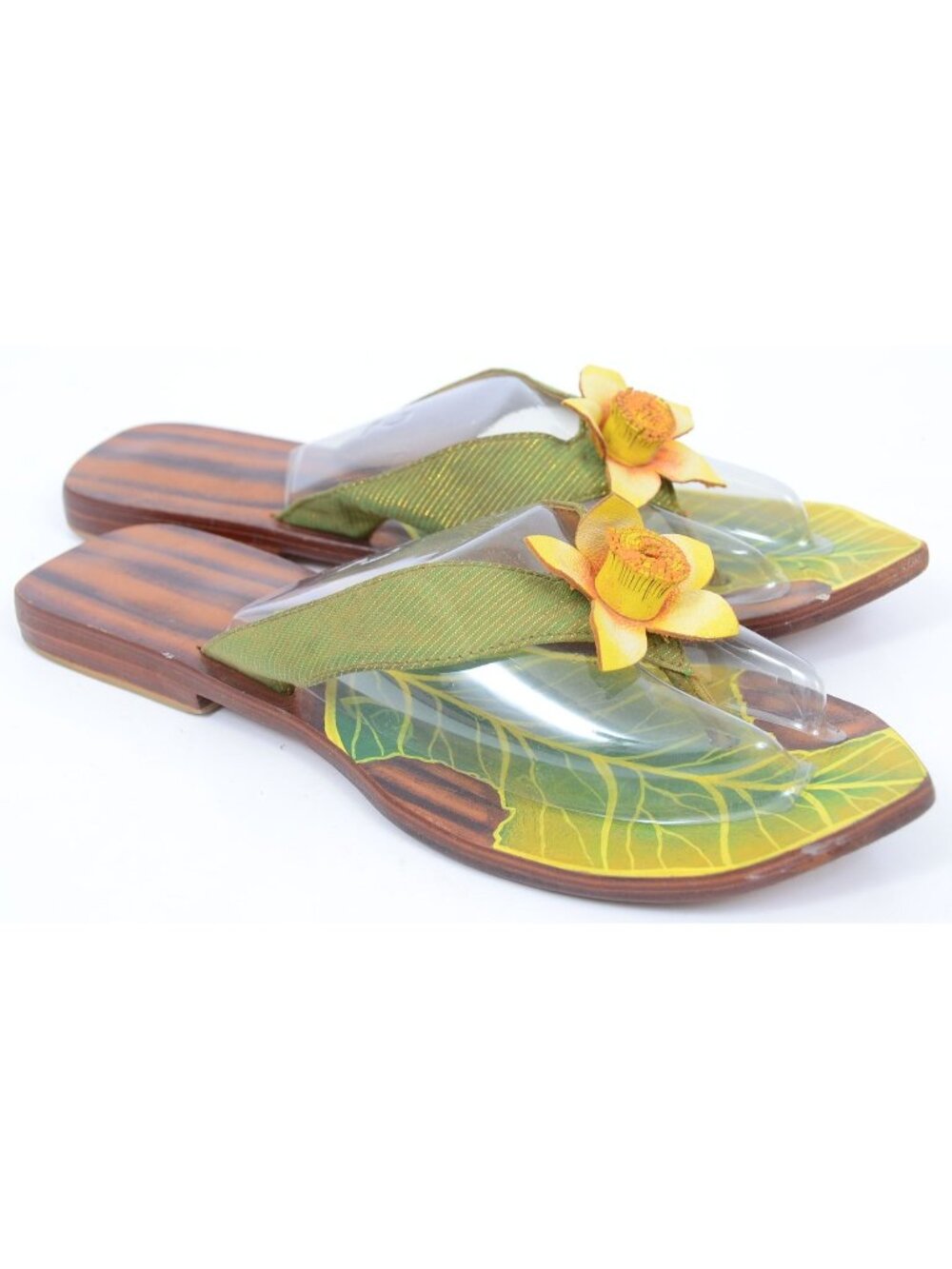 Jargon Women's 7 Leather Wood Tropical Flower Pointy Toe Sandal Thong Flat Slide
